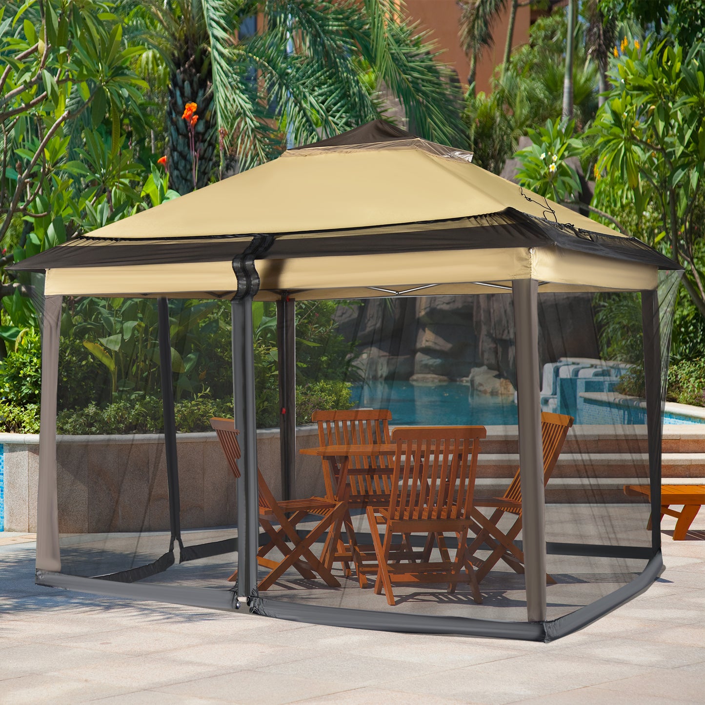 Patio Umbrella Mosquito Netting with Zippered Doors and Fillable Base-Black