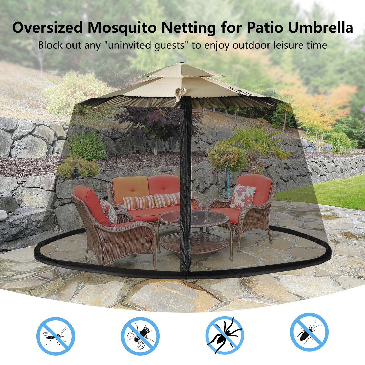 Patio Umbrella Mosquito Netting with Zippered Doors and Fillable Base-Black