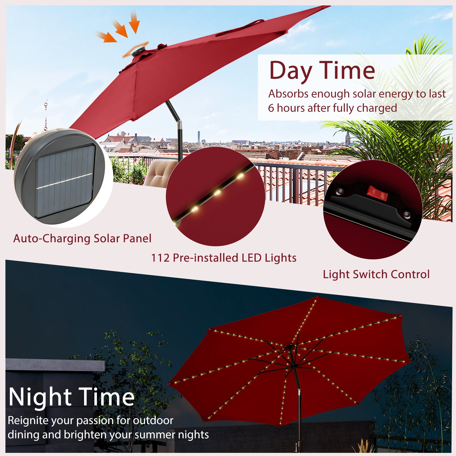 3m Patio Umbrella with 112 Solar Powered LED Lights and Crank Handle-Wine