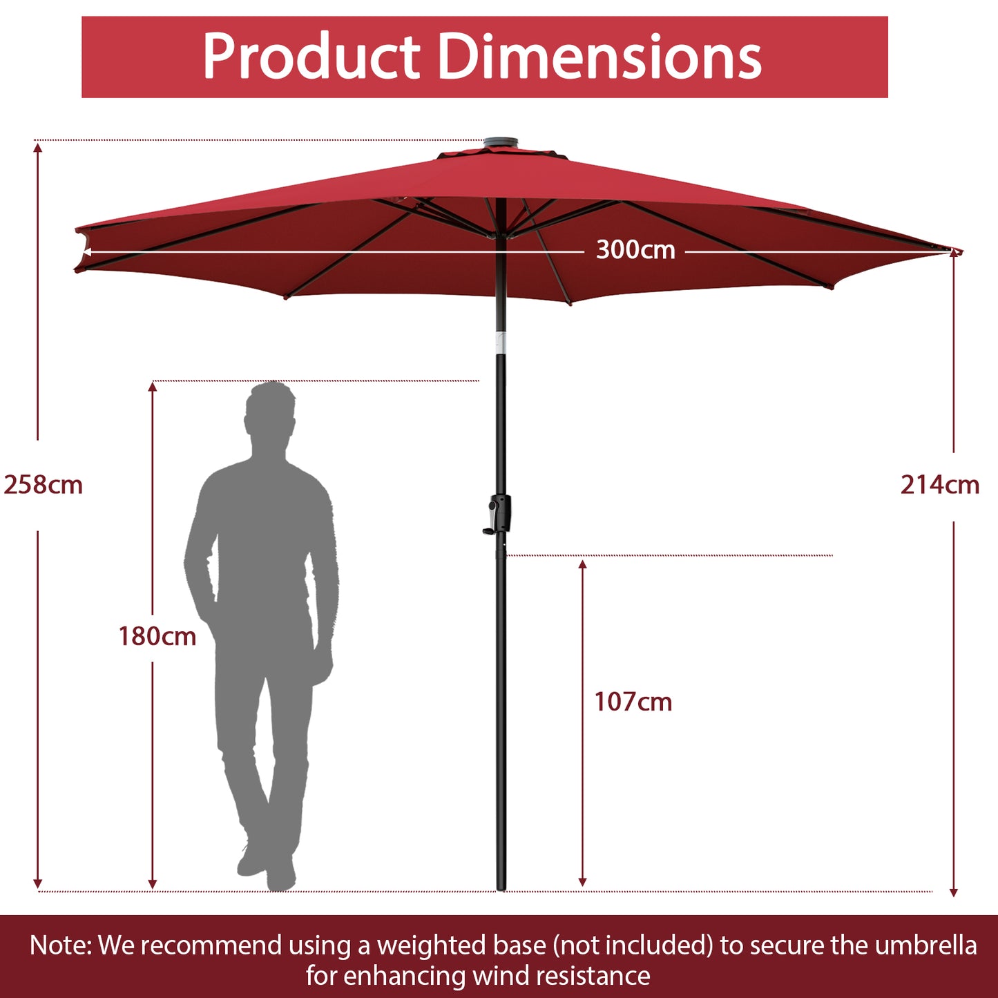 3m Patio Umbrella with 112 Solar Powered LED Lights and Crank Handle-Wine