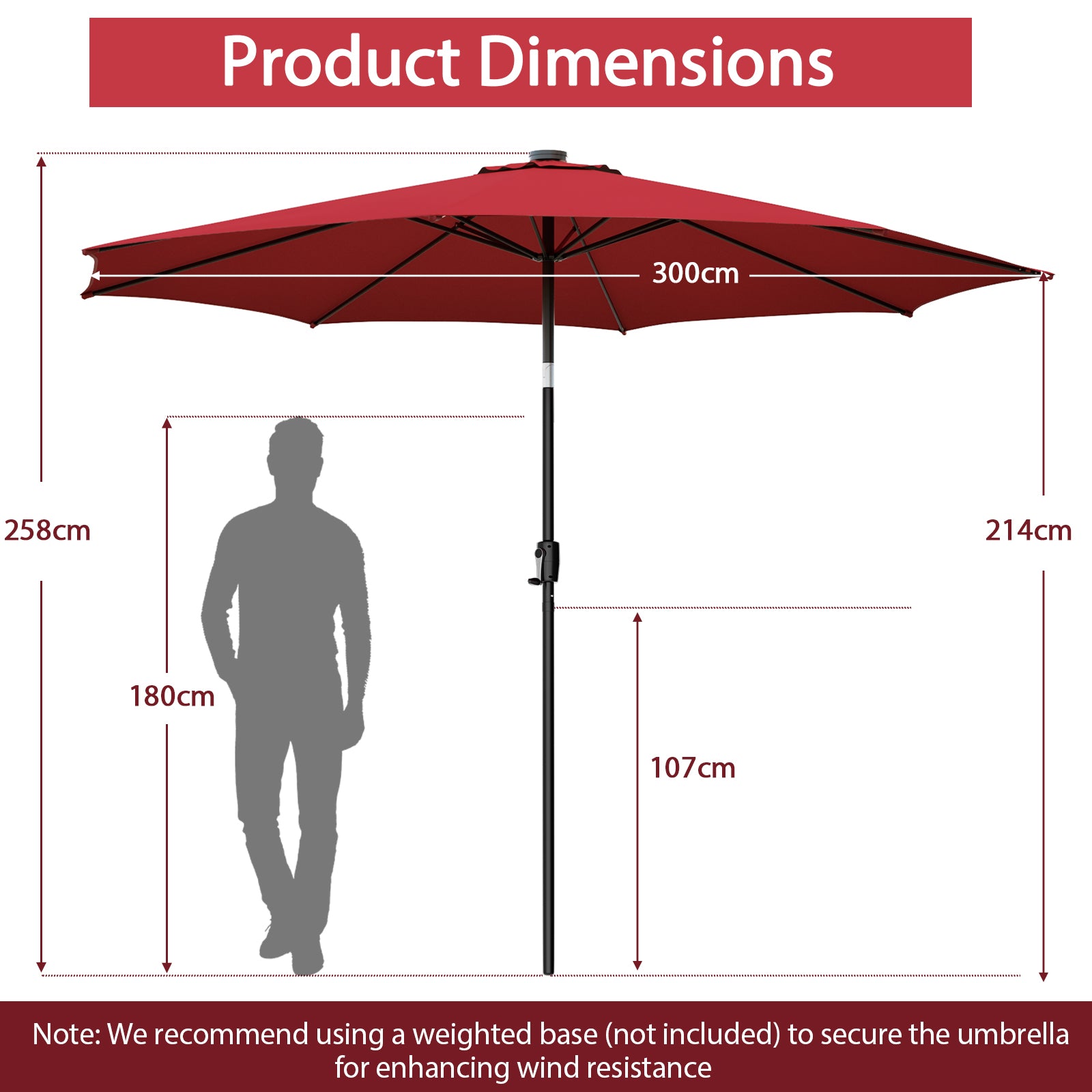 3m Patio Umbrella with 112 Solar Powered LED Lights and Crank Handle-Wine