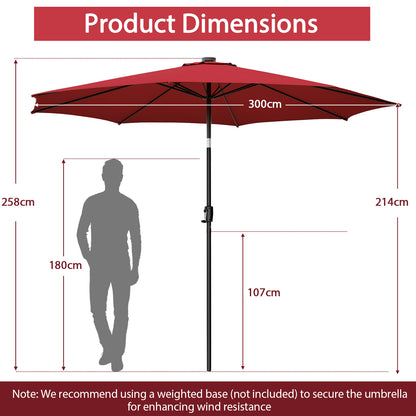 3m Patio Umbrella with 112 Solar Powered LED Lights and Crank Handle-Wine