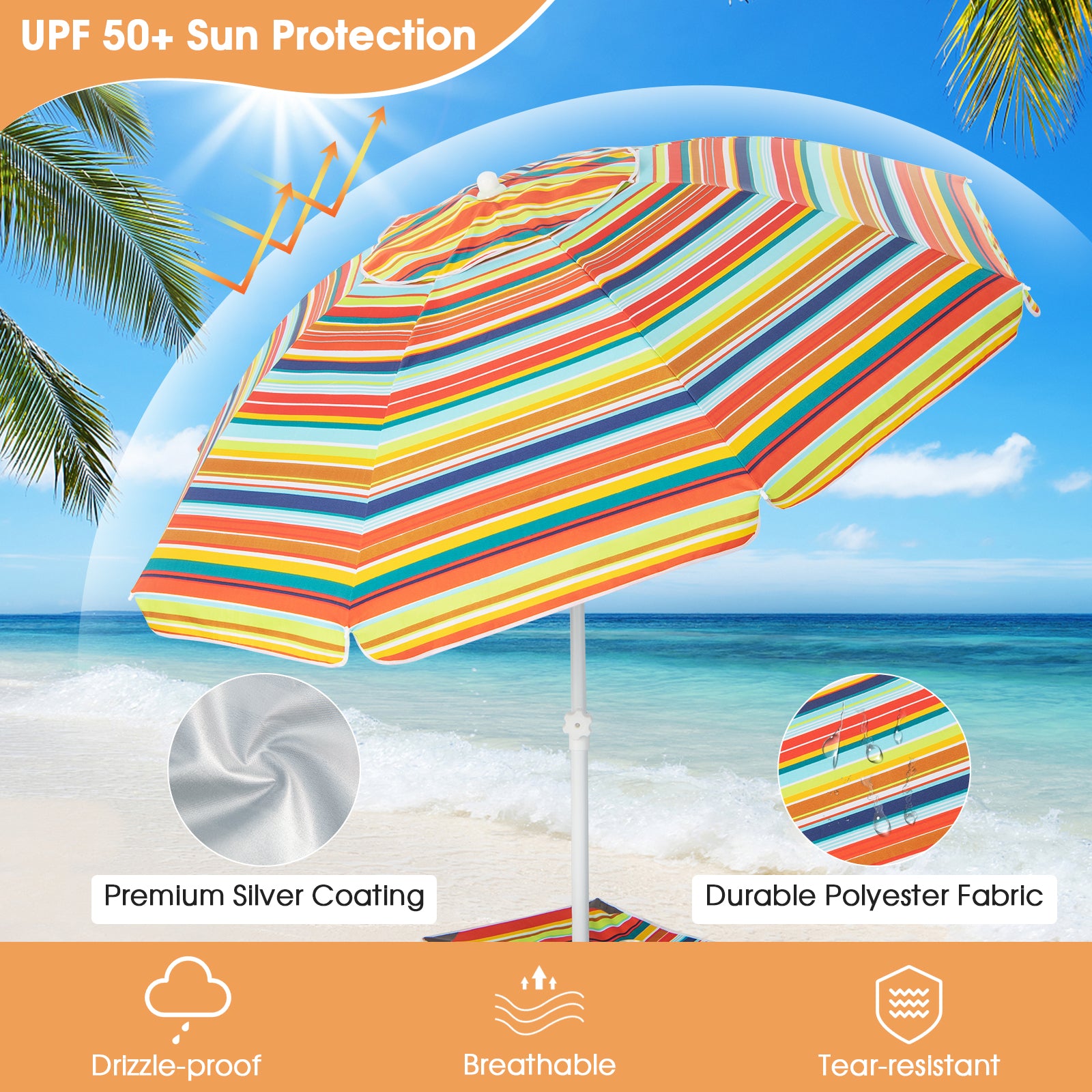 2M Beach Umbrella with Cup Holder Table and Sandbag-Colourful