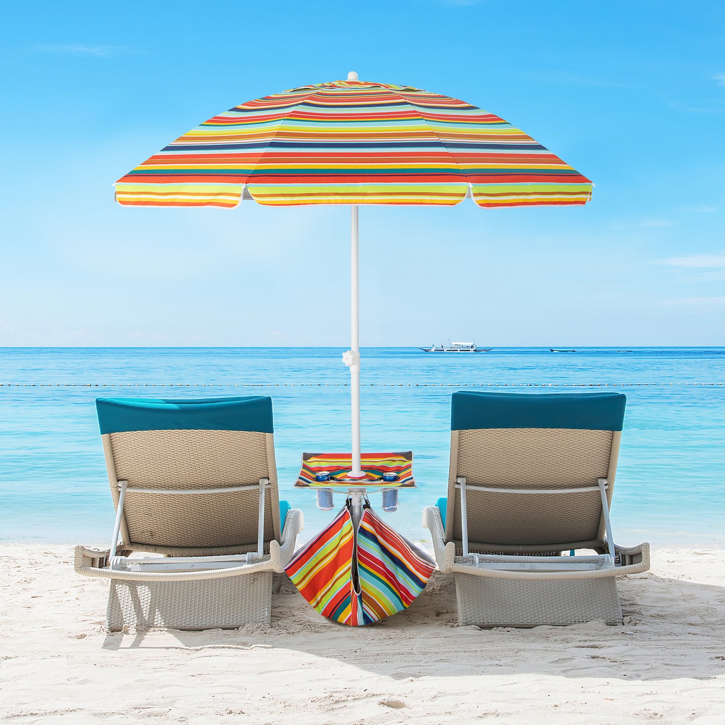 2M Beach Umbrella with Cup Holder Table and Sandbag-Colourful