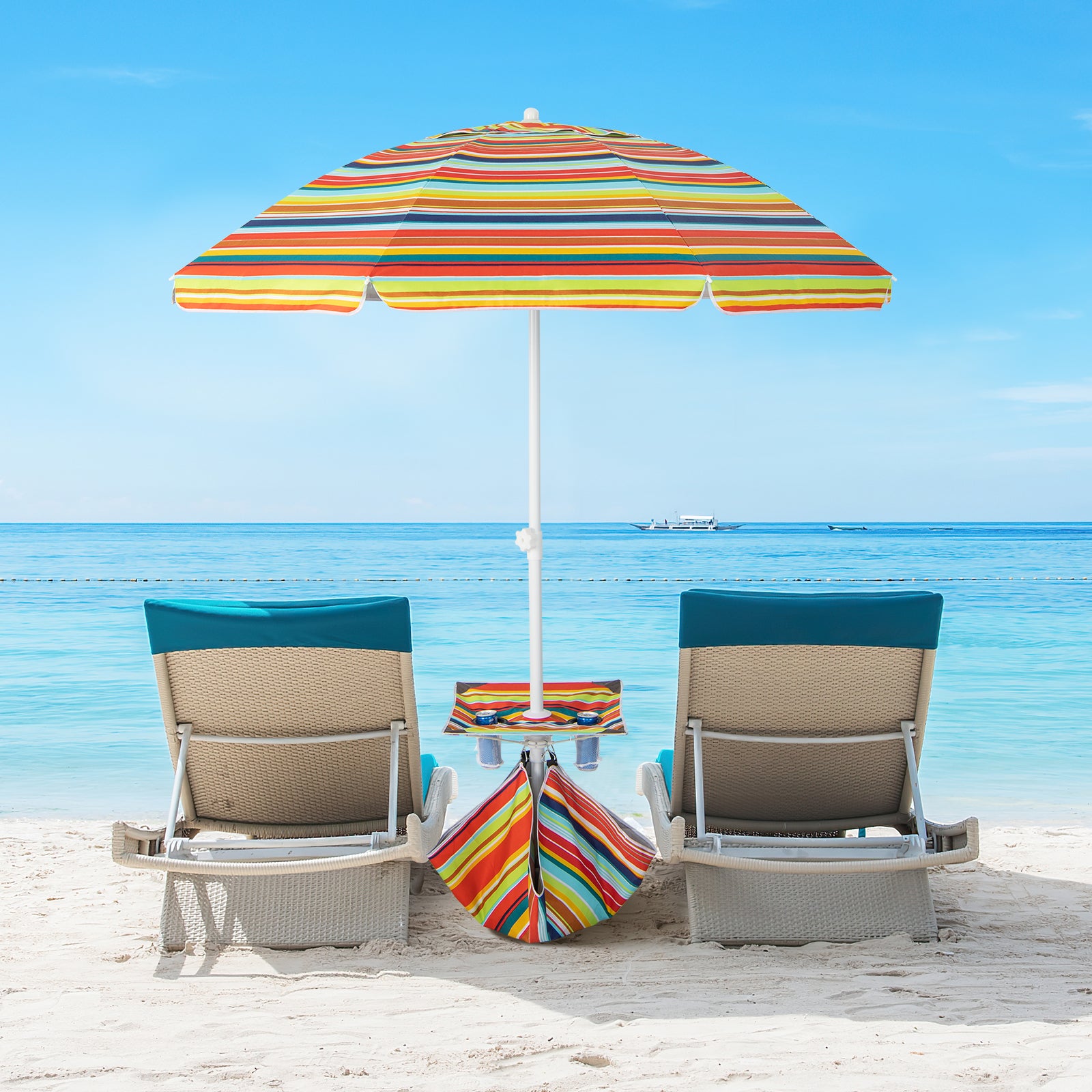 2M Beach Umbrella with Cup Holder Table and Sandbag-Colourful