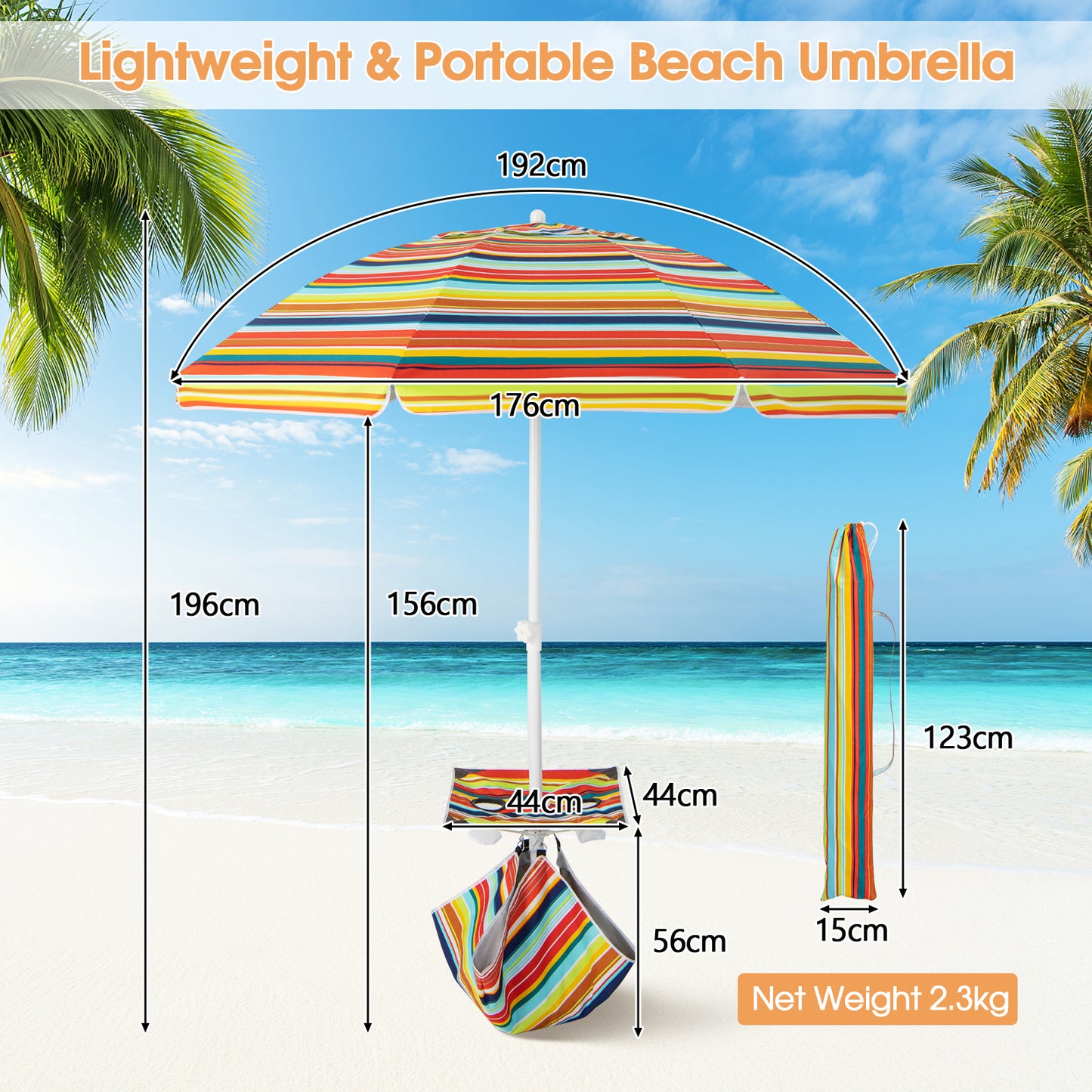 2M Beach Umbrella with Cup Holder Table and Sandbag-Colourful