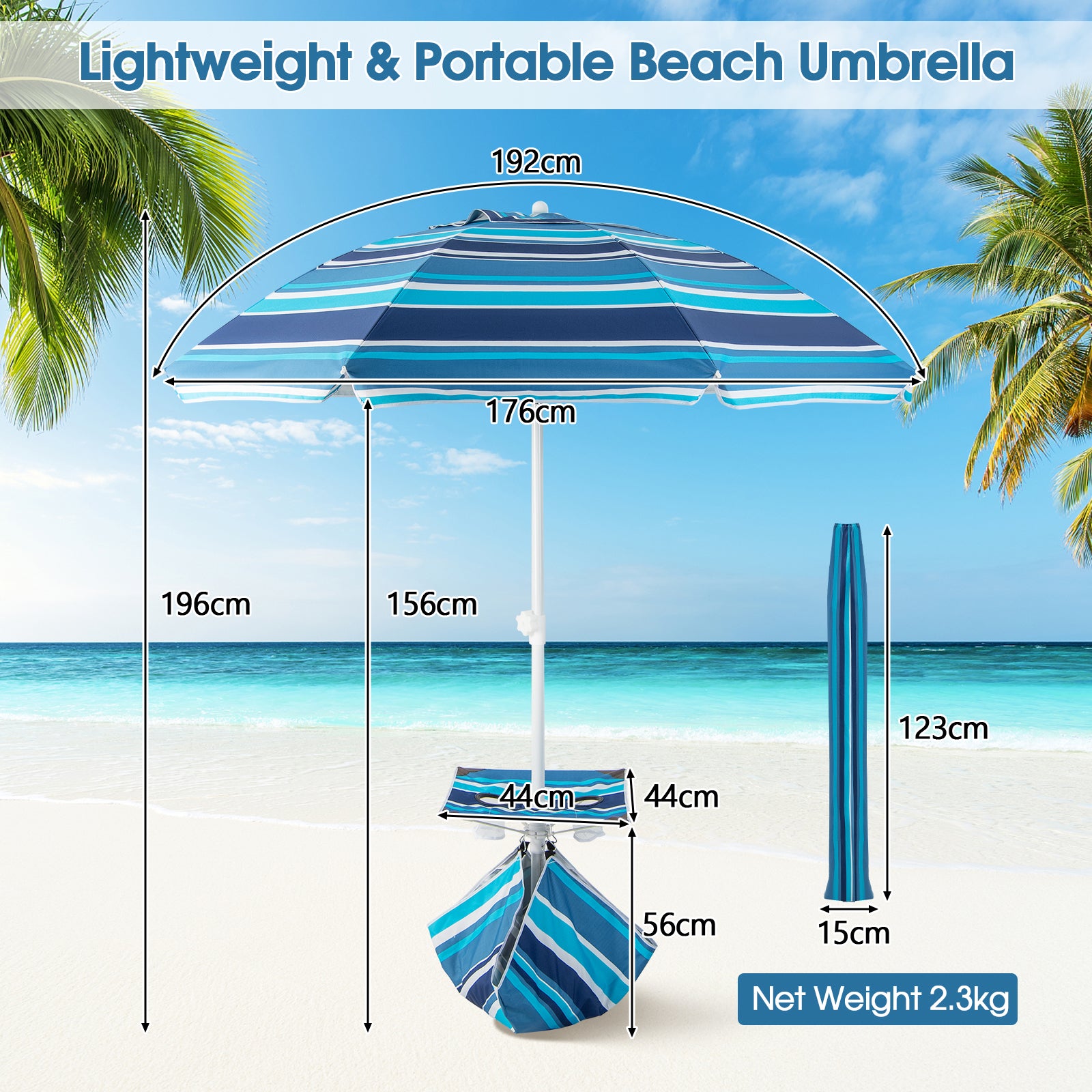 2M Beach Umbrella with Cup Holder Table and Sandbag-Navy