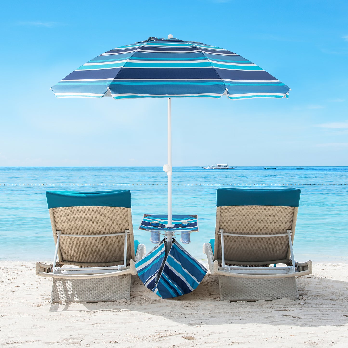 2M Beach Umbrella with Cup Holder Table and Sandbag-Navy