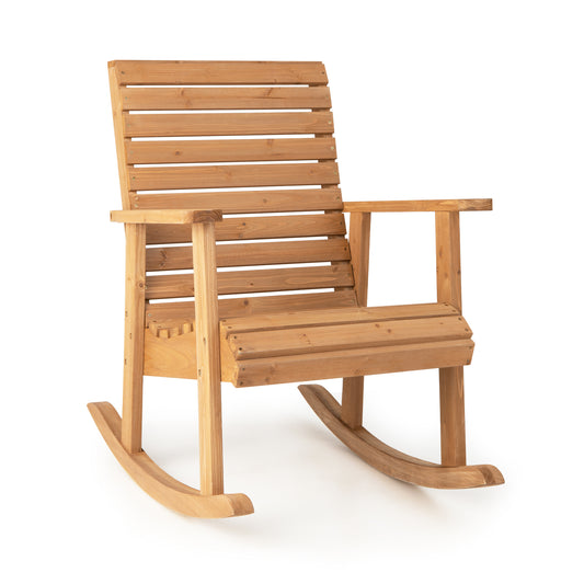 Patio Fir Wood Rocking Chair with High Backrest and Wide Armrests-Natural