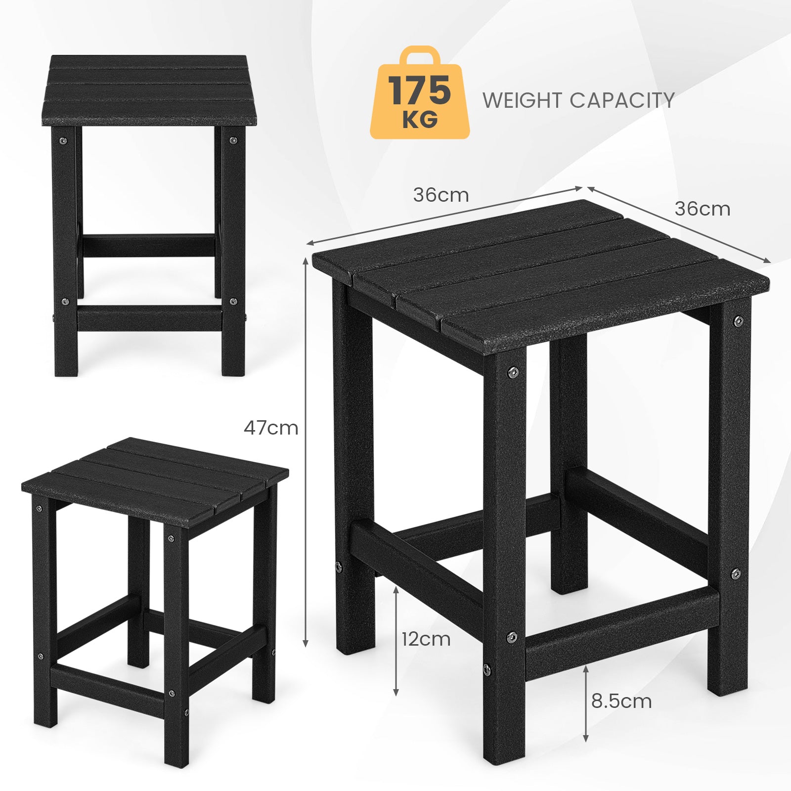 Patio Square HDPE Side Table for Balcony Backyard Lawn-Black