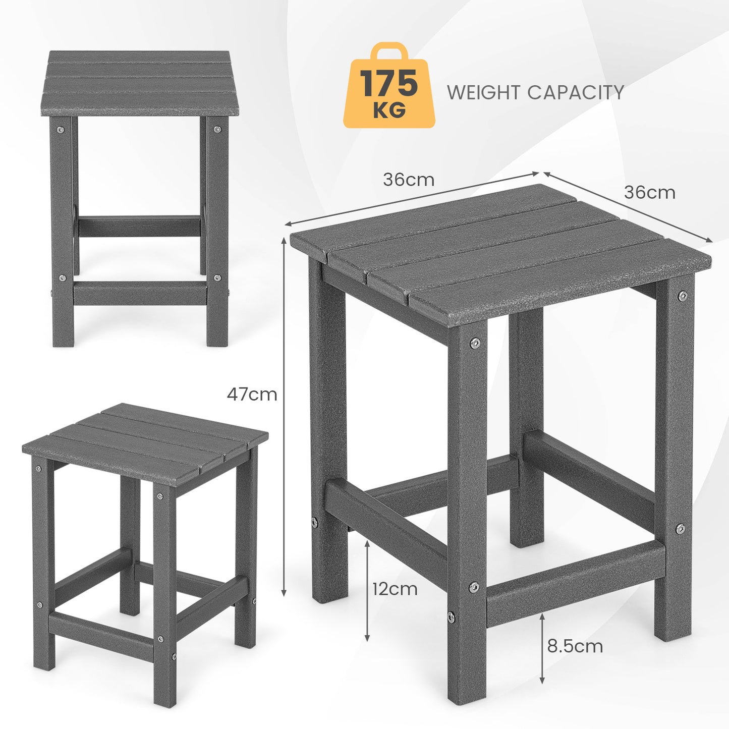 Patio Square HDPE Side Table for Balcony Backyard Lawn-Grey