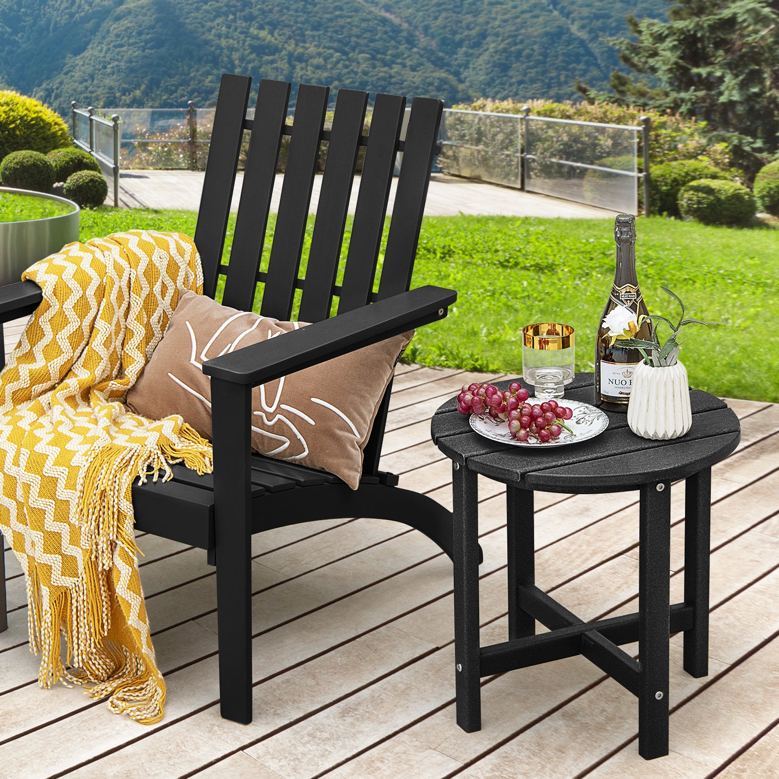 Patio Round HDPE Side Table for Yard Porch Garden-Black