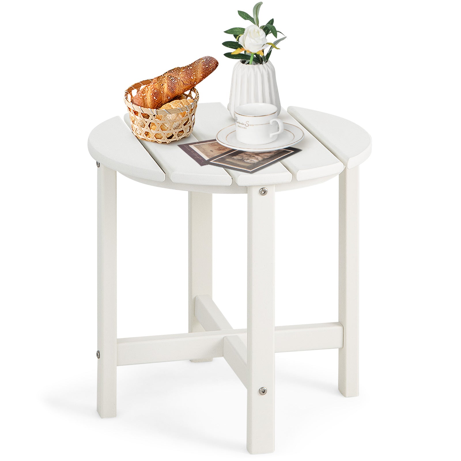 Patio Round HDPE Side Table for Yard Porch Garden-White