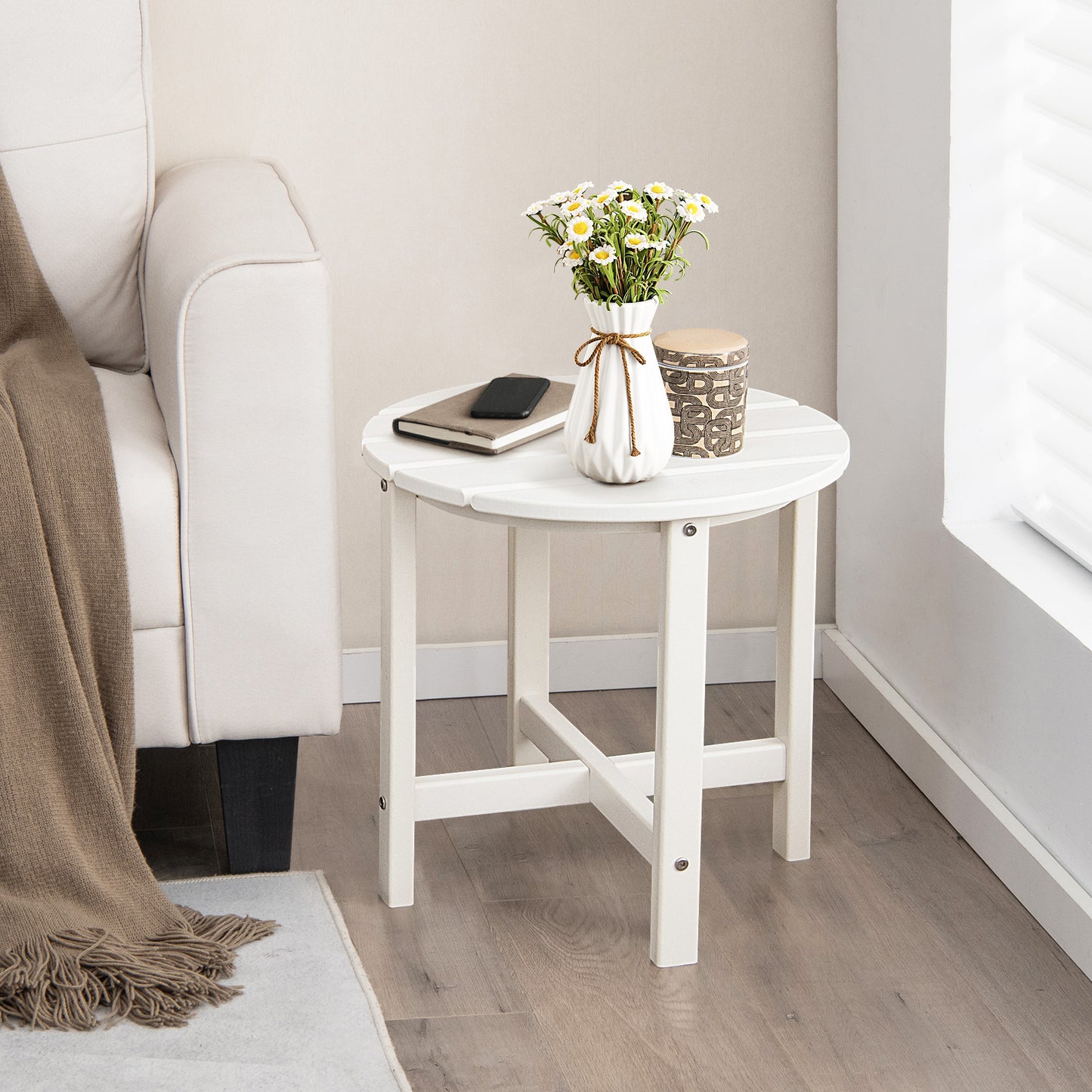 Patio Round HDPE Side Table for Yard Porch Garden-White