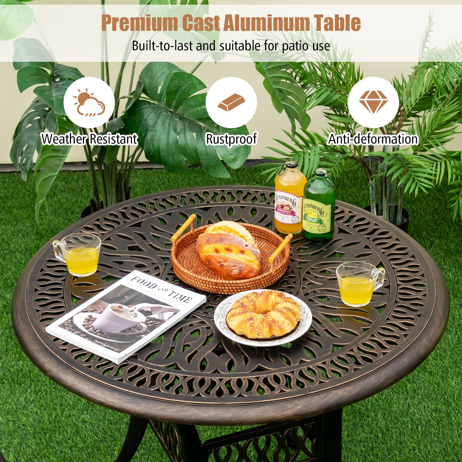 Patio Round/Square Aluminium Dining Table with Umbrella Hole-Round