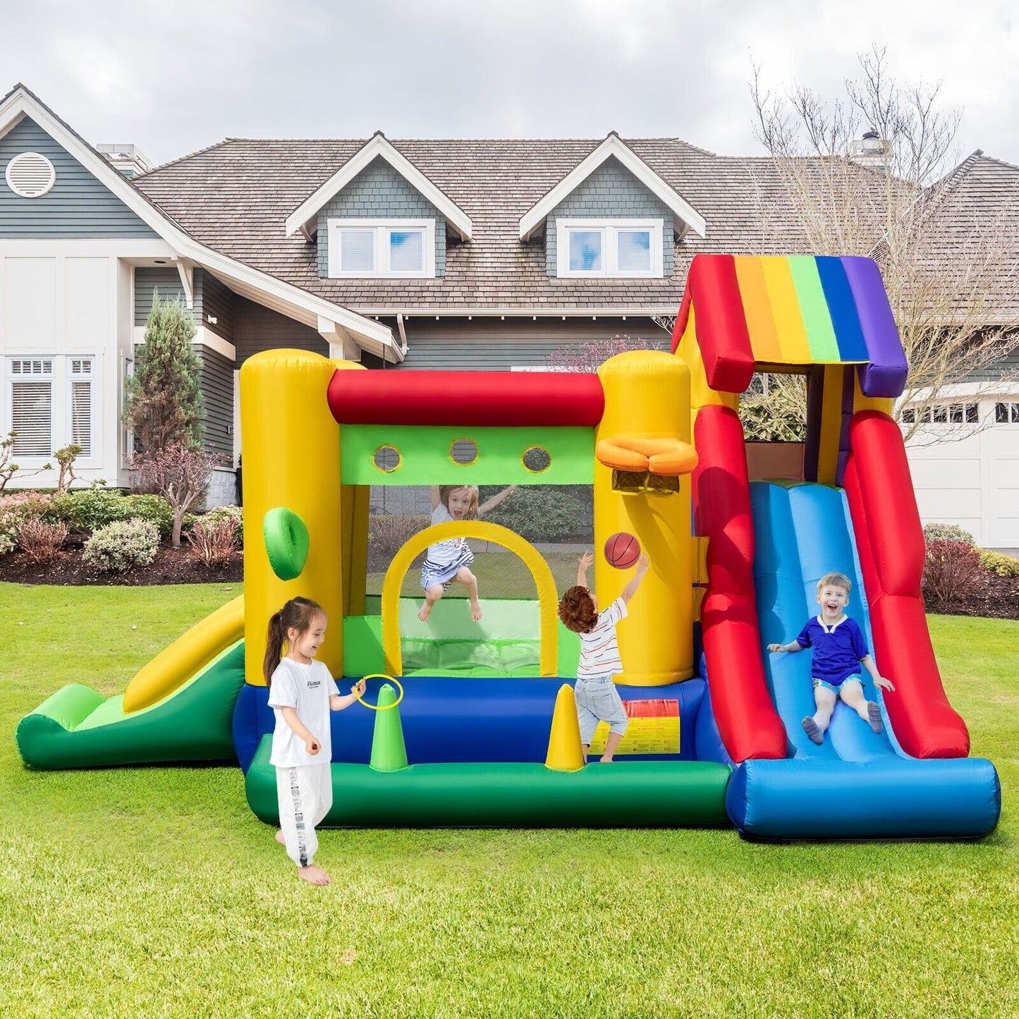 Inflatable Bouncy Castle with Dual Slides Climbing Wall and 680W Blower