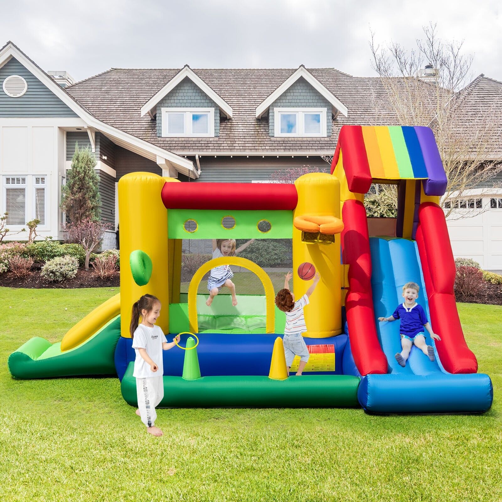 Inflatable Bouncy Castle with Dual Slides Climbing Wall and 680W Blower