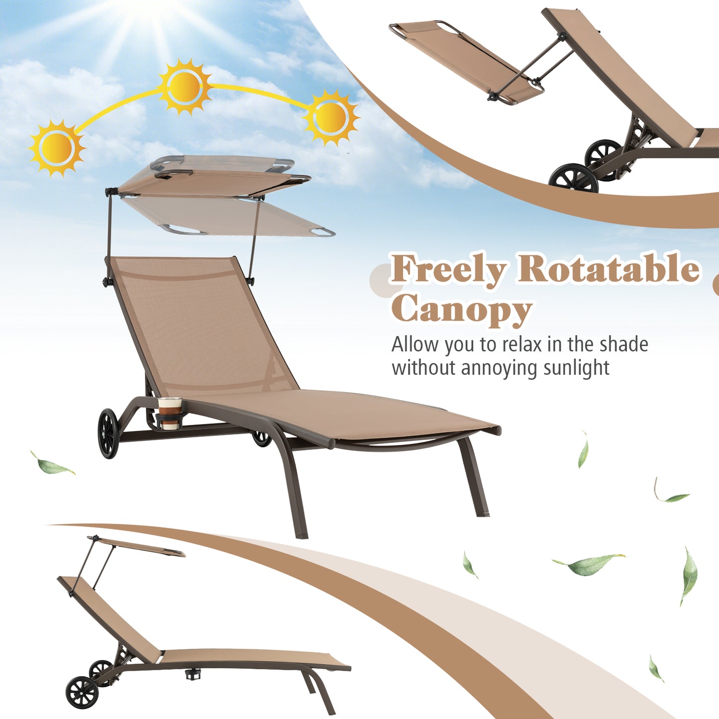 Patio Chaise Lounge Chair with Wheels and Adjustable Canopy-Brown