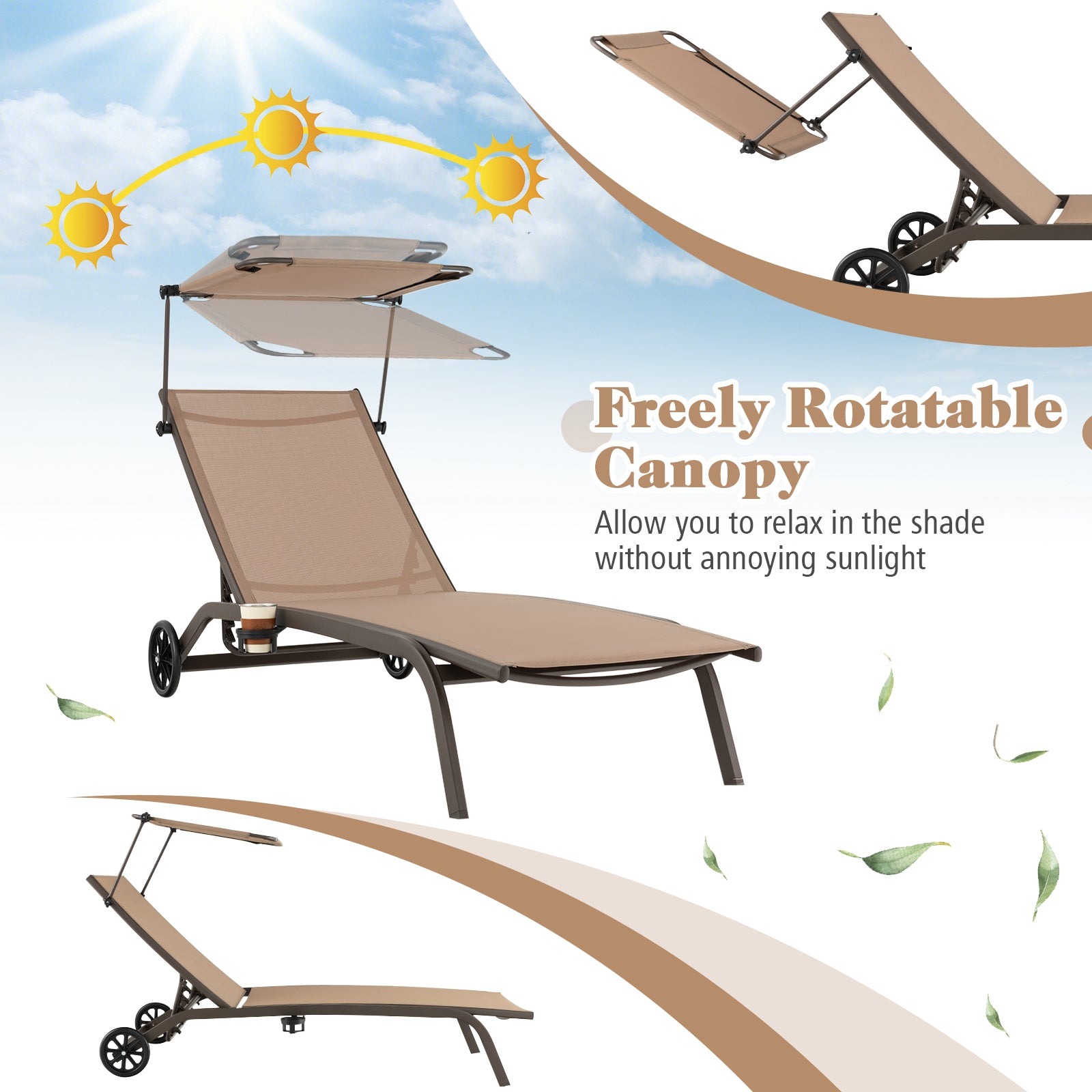 Patio Chaise Lounge Chair with Wheels and Adjustable Canopy-Brown