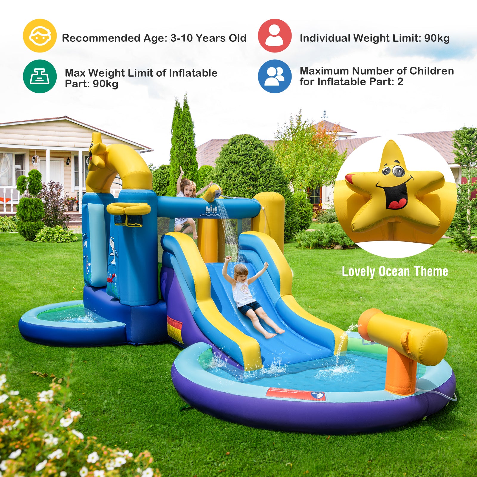 Inflatable Water Park with Slide Water Gun and Splashing Pool