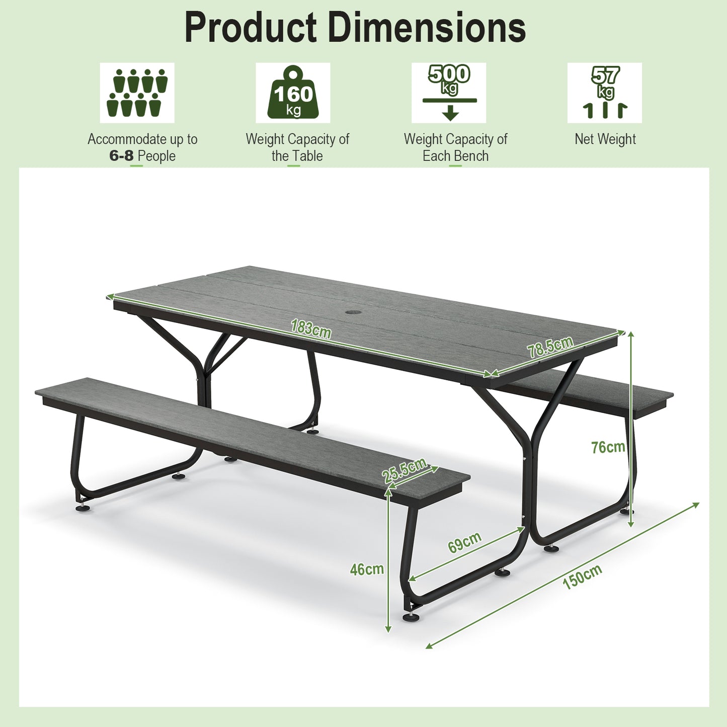 Outdoor Picnic Table Bench Set for 6-8 People-Grey