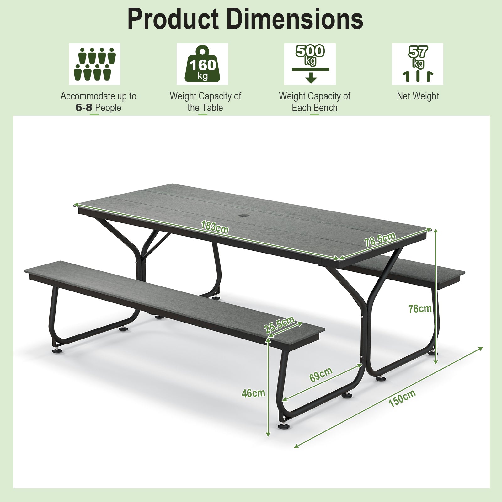 Outdoor Picnic Table Bench Set for 6-8 People-Grey