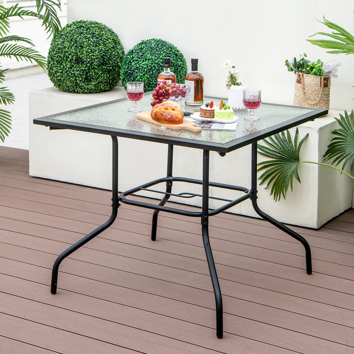 Patio Dining Table with Tempered Glass Tabletop and Umbrella Hole(Umbrella NOT Included)