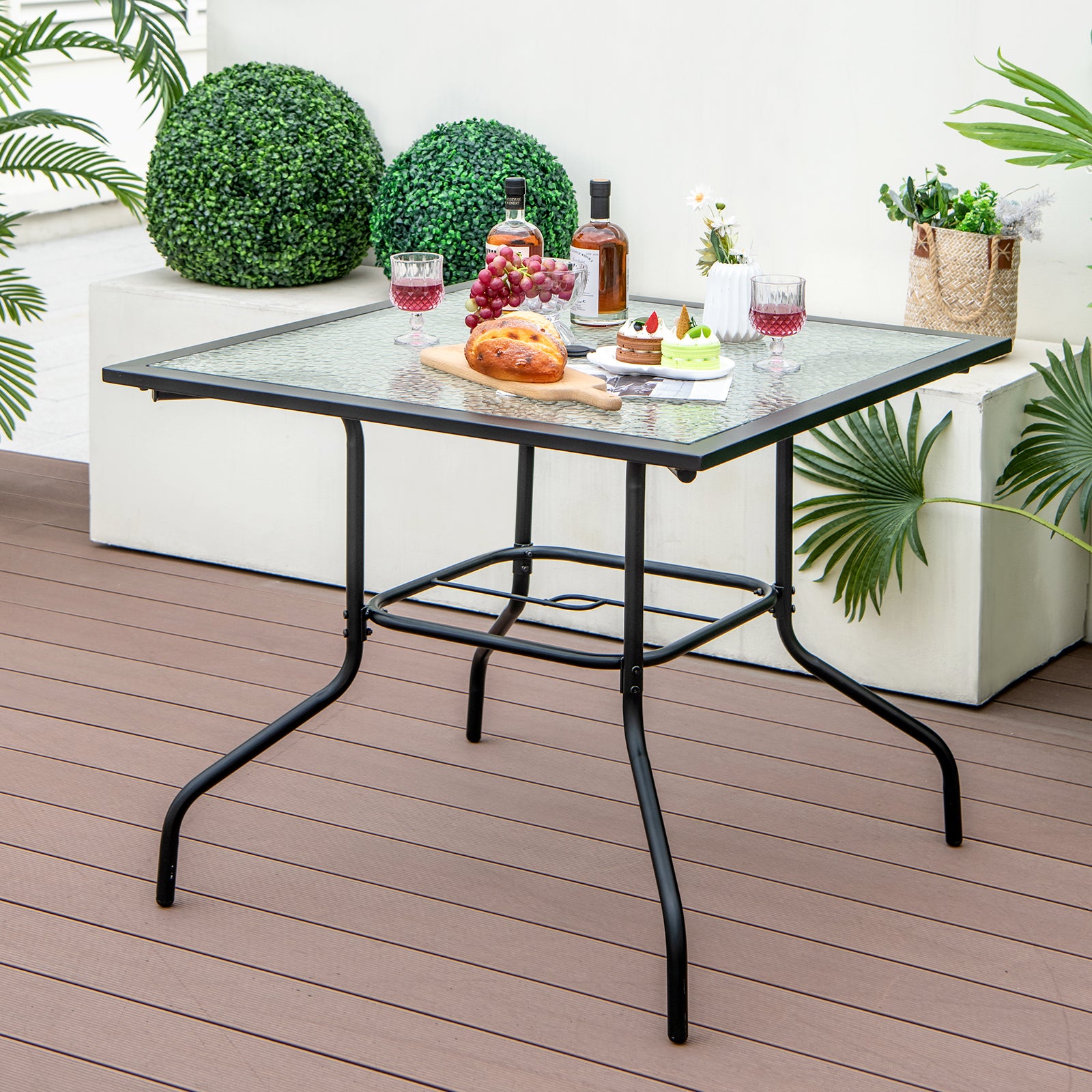 Patio Dining Table with Tempered Glass Tabletop and Umbrella Hole(Umbrella NOT Included)