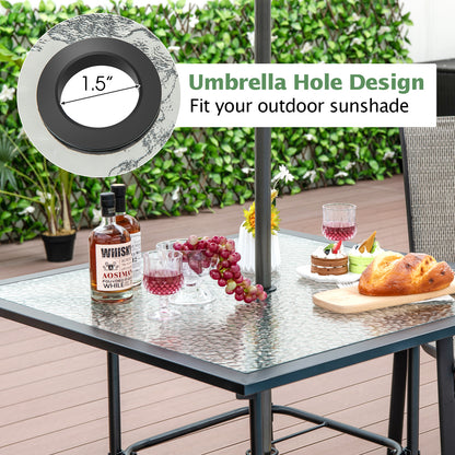 Patio Dining Table with Tempered Glass Tabletop and Umbrella Hole(Umbrella NOT Included)