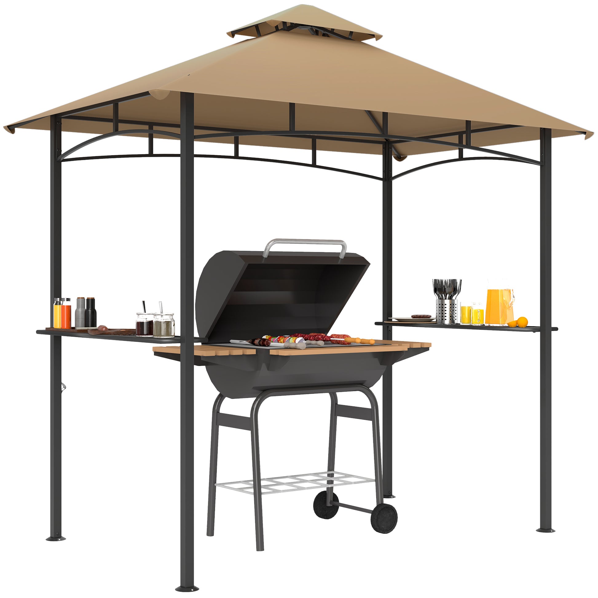 Outsunny 2.5M (8ft) Grill Gazebo Canopy, Double Tiered Outdoor BBQ Gazebo Shelter with 2 Side Shelves for Garden, Patio, Barbecue, Picnic, Khaki