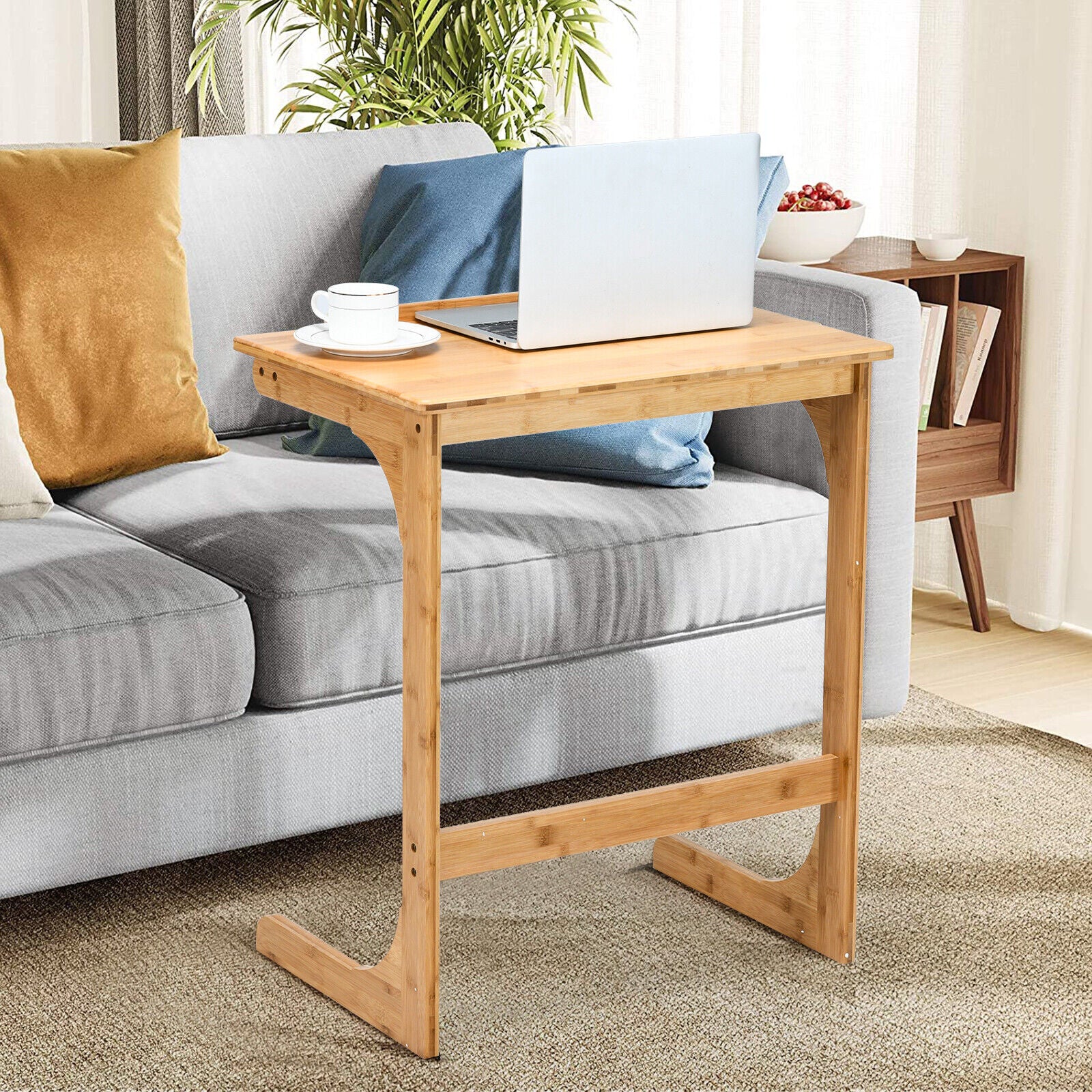 C-ShapedBamboo Side Table with 7 Adjustable Angles-Natural