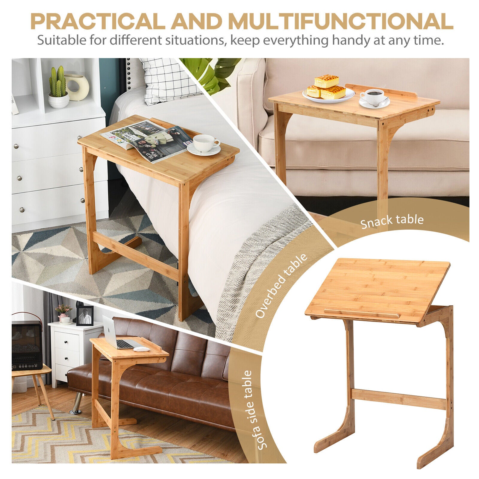 C-ShapedBamboo Side Table with 7 Adjustable Angles-Natural