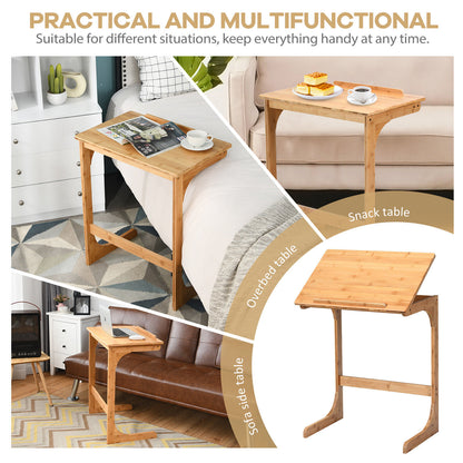 C-ShapedBamboo Side Table with 7 Adjustable Angles-Natural