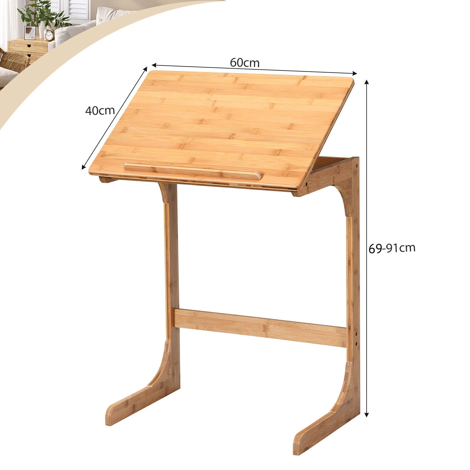 C-ShapedBamboo Side Table with 7 Adjustable Angles-Natural