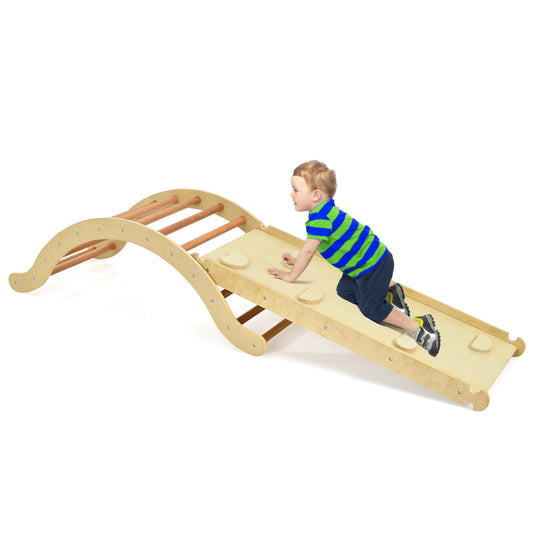Wooden Toddler Climber Arch with Sliding and Climbing Ramp-Natural
