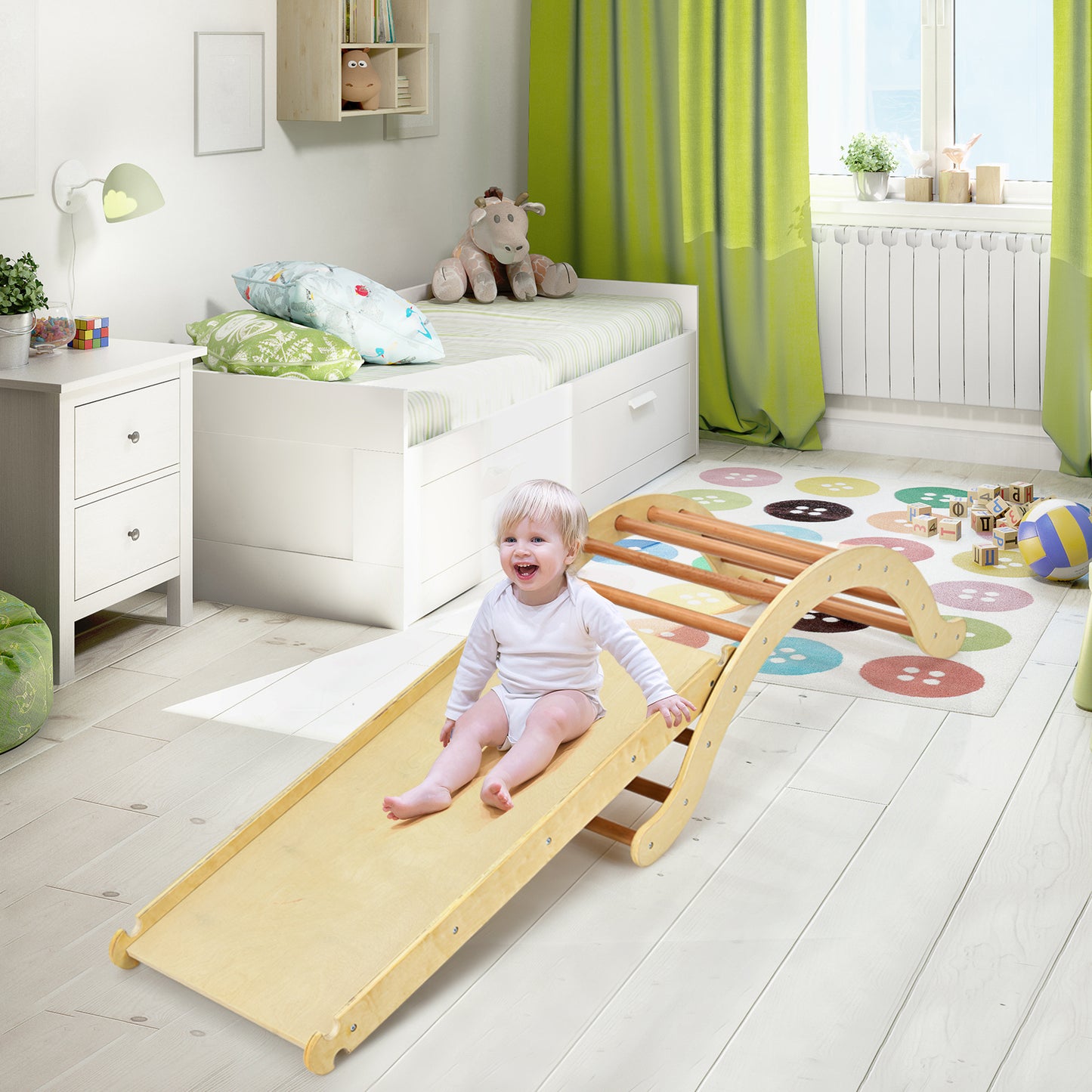 Wooden Toddler Climber Arch with Sliding and Climbing Ramp-Natural