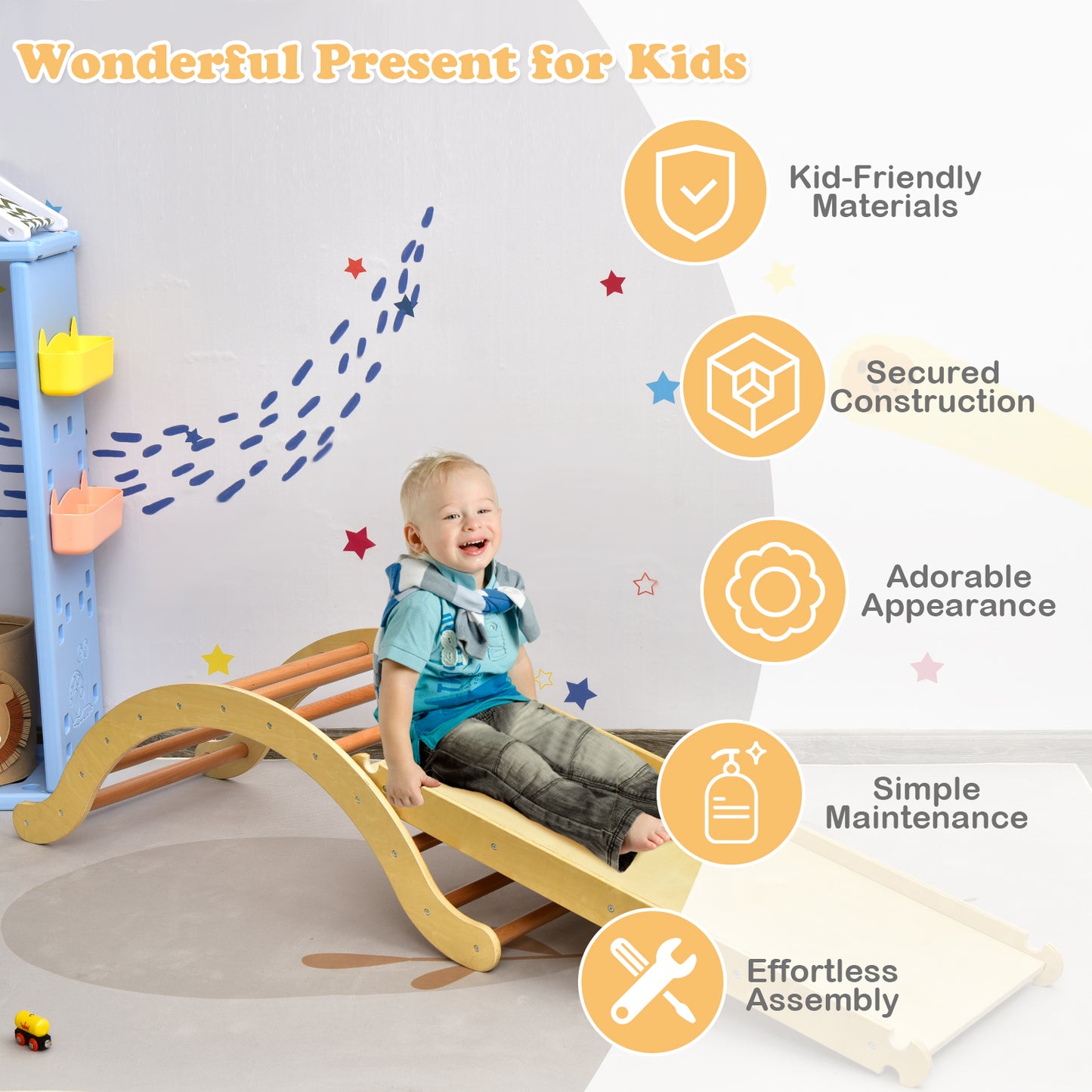 Wooden Toddler Climber Arch with Sliding and Climbing Ramp-Natural