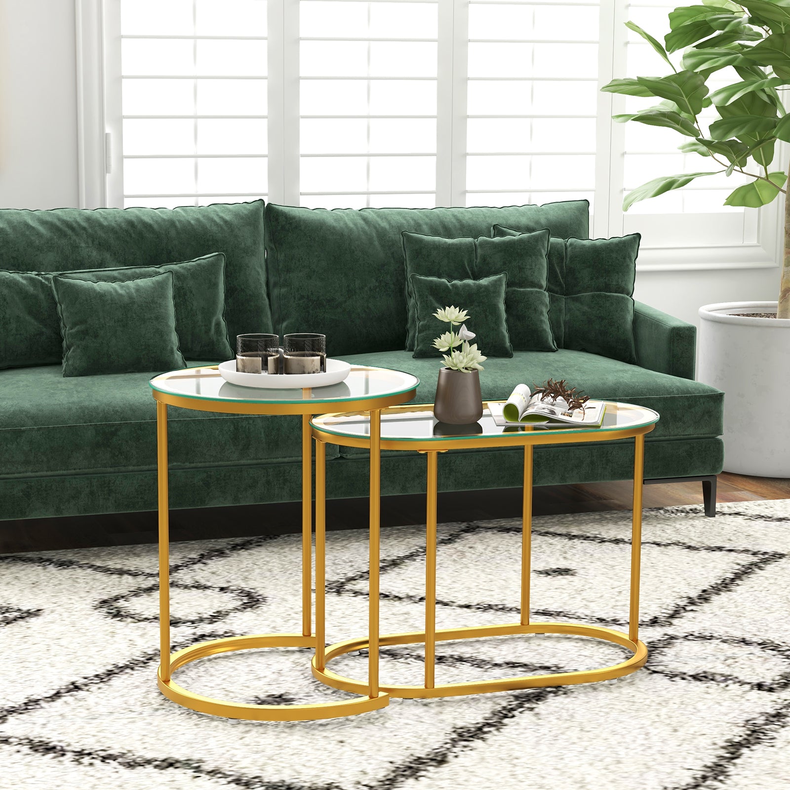 Nesting Coffee Table Set of 2 with Tempered Glass Tabletop-Golden