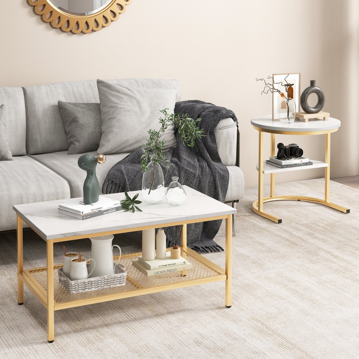 Set of 2 Nesting Coffee Table with Extra Storage Shelf-Golden