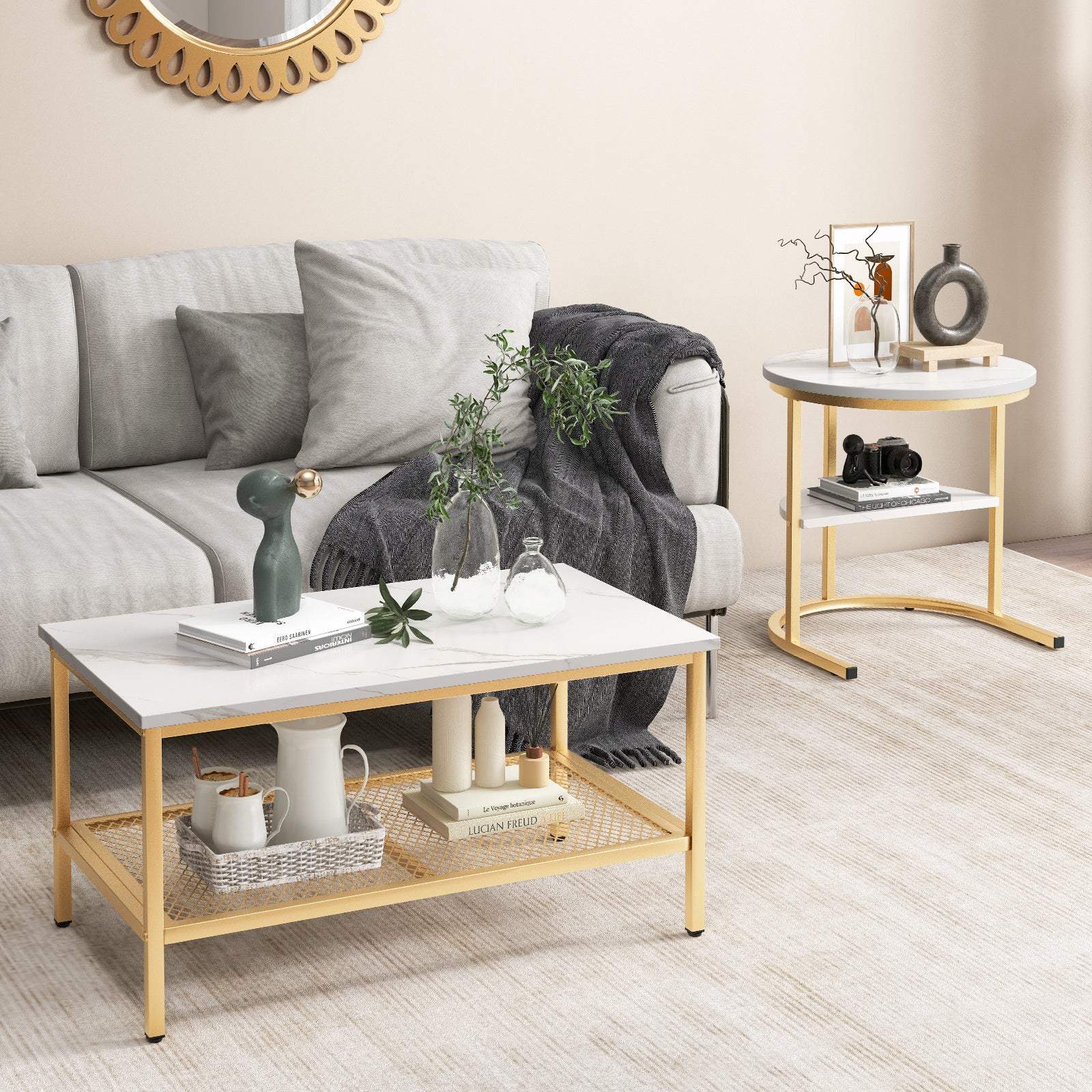 Set of 2 Nesting Coffee Table with Extra Storage Shelf-Golden