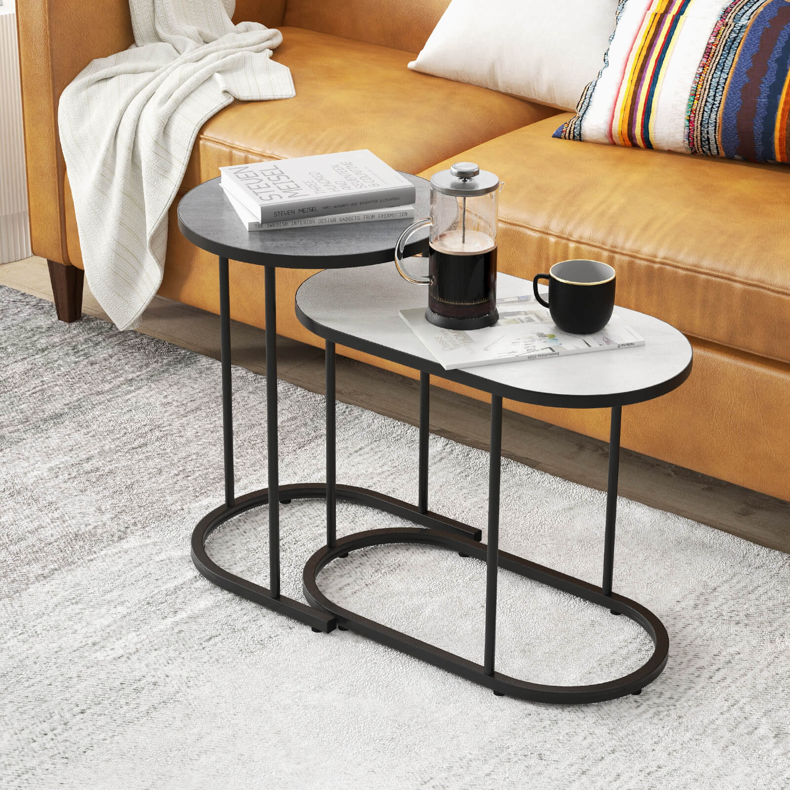 Nesting Coffee Table Set of 2 Detachable with Faux Marble Top