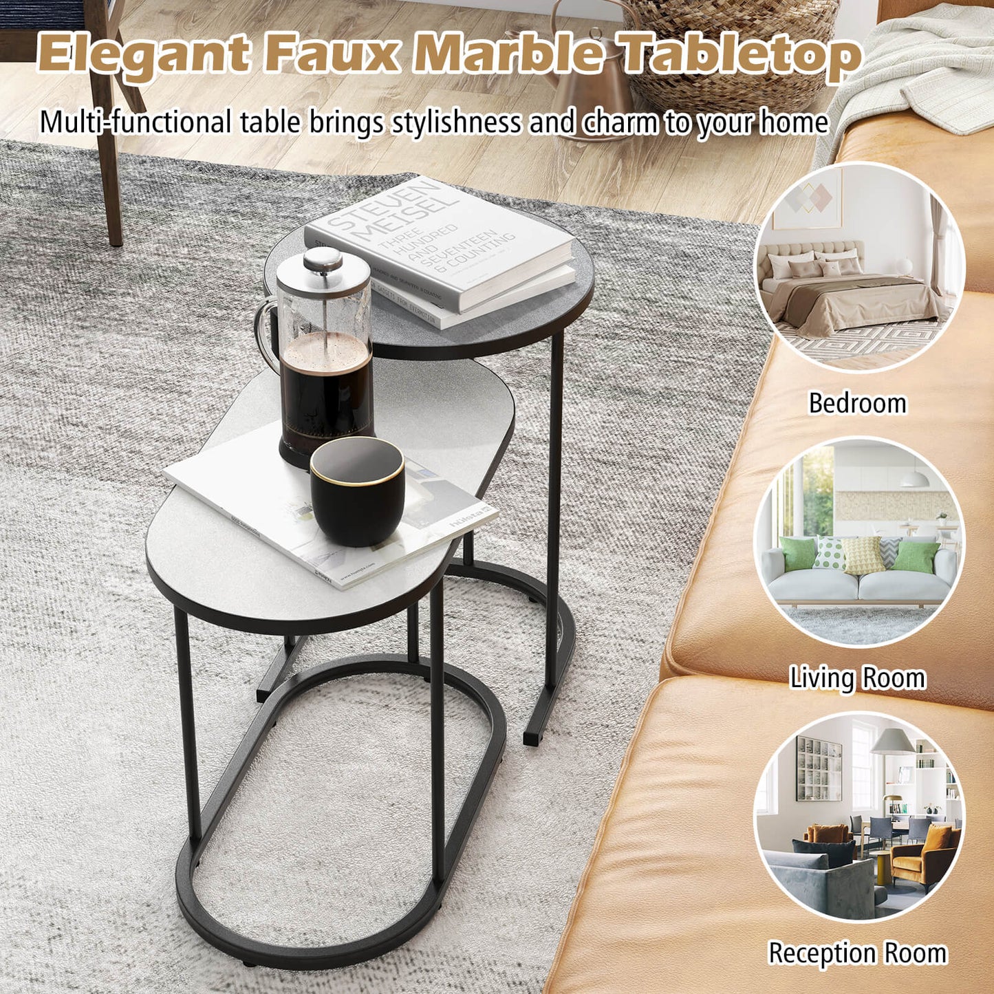 Nesting Coffee Table Set of 2 Detachable with Faux Marble Top