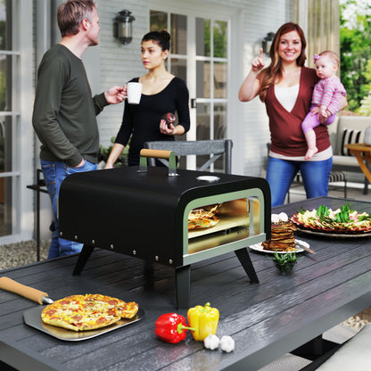Outsunny Outdoor Tabletop Gas Pizza Oven with 12" Stone and Peel, Portable Pizza Oven Maker with Thermometer, Foldable Legs, Handle, Gas Hose and Regulator, Black