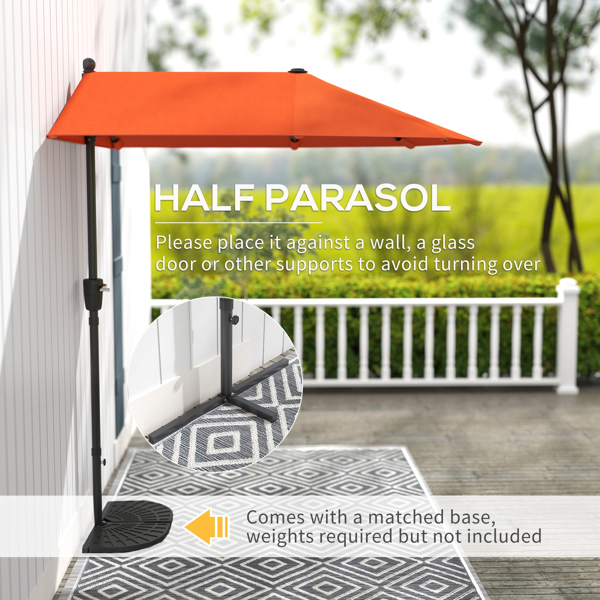 Outsunny 2m Half Parasol Umbrella - Orange