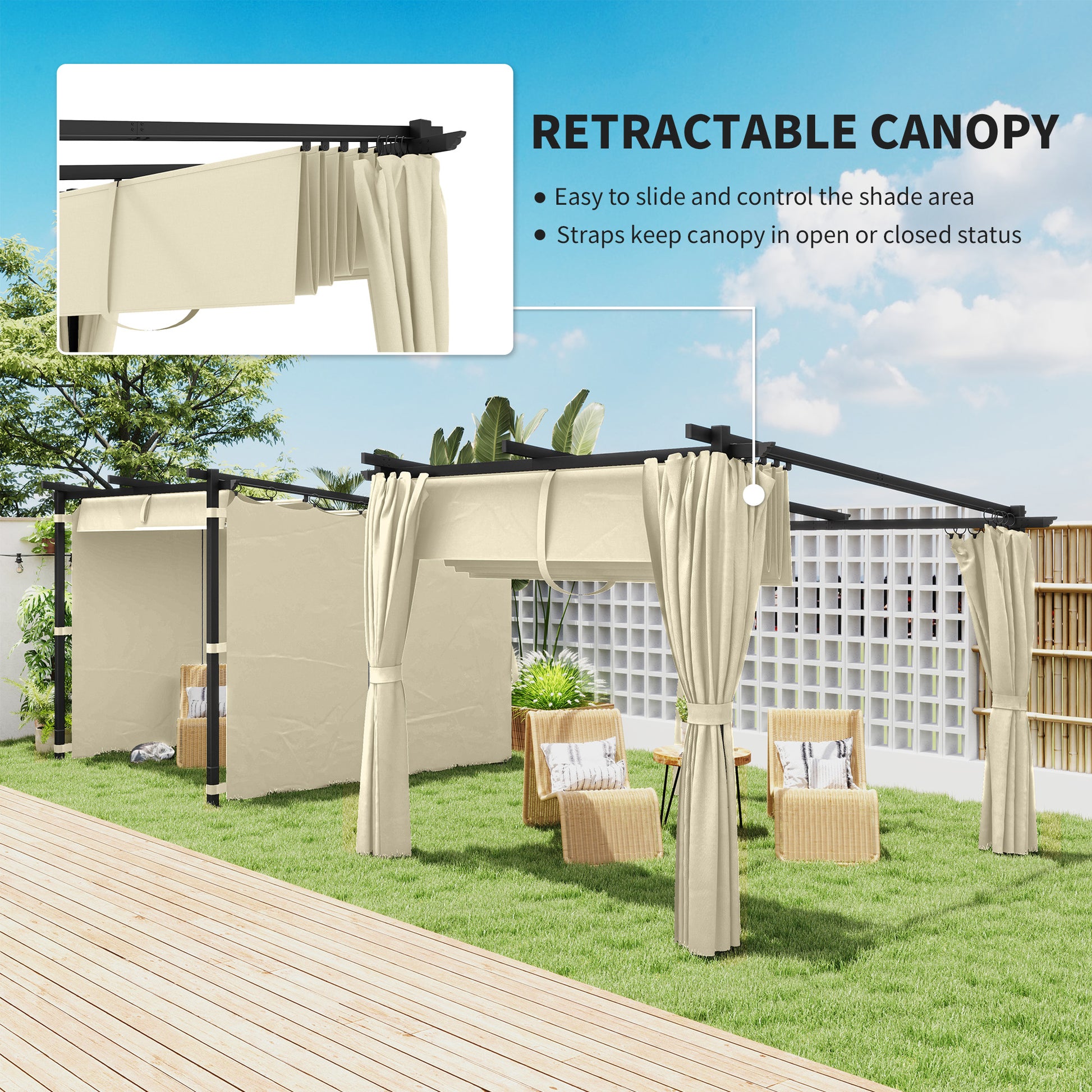 Outsunny 3 x 3 m Retractable Roof Pergola, with Curtains - Beige