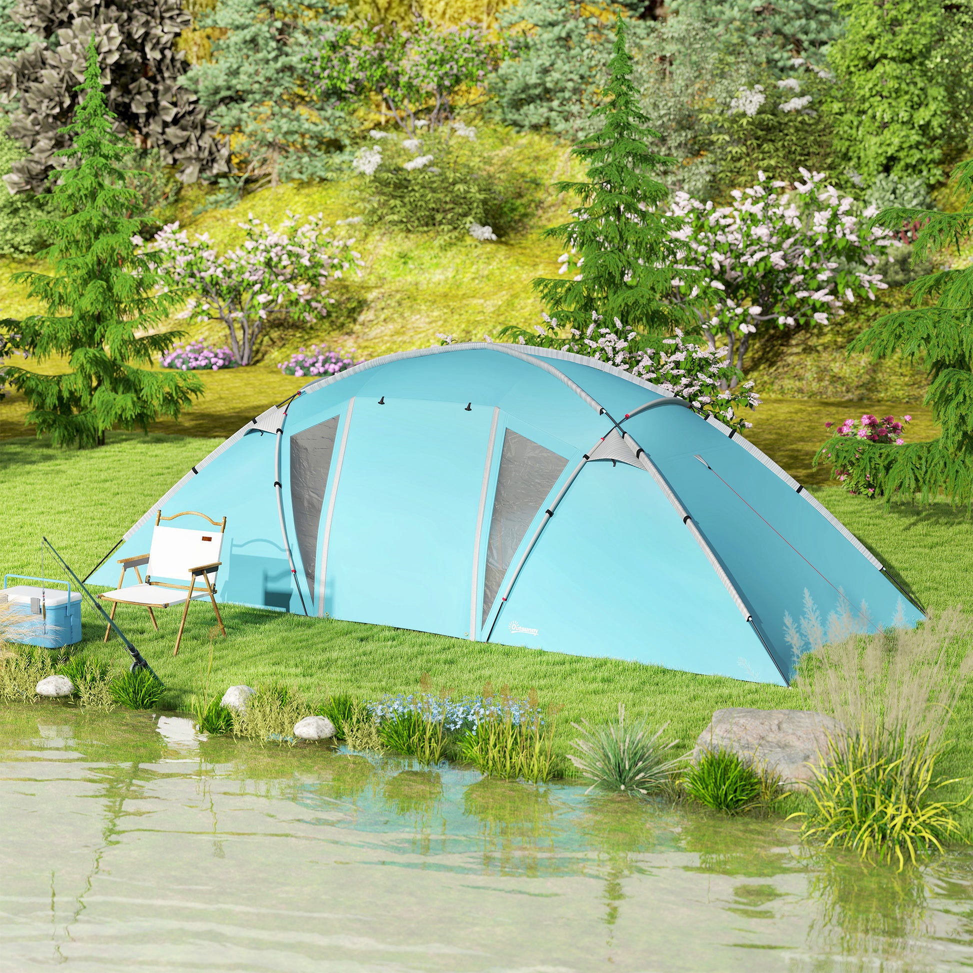 Outsunny 4-6 Man Family Camping Tent w/ 2 Bedrooms and a Living Room, Waterproof Tunnel Tent w/ Sewn In Groundsheet, Doors, Windows, Carry Bag, Blue