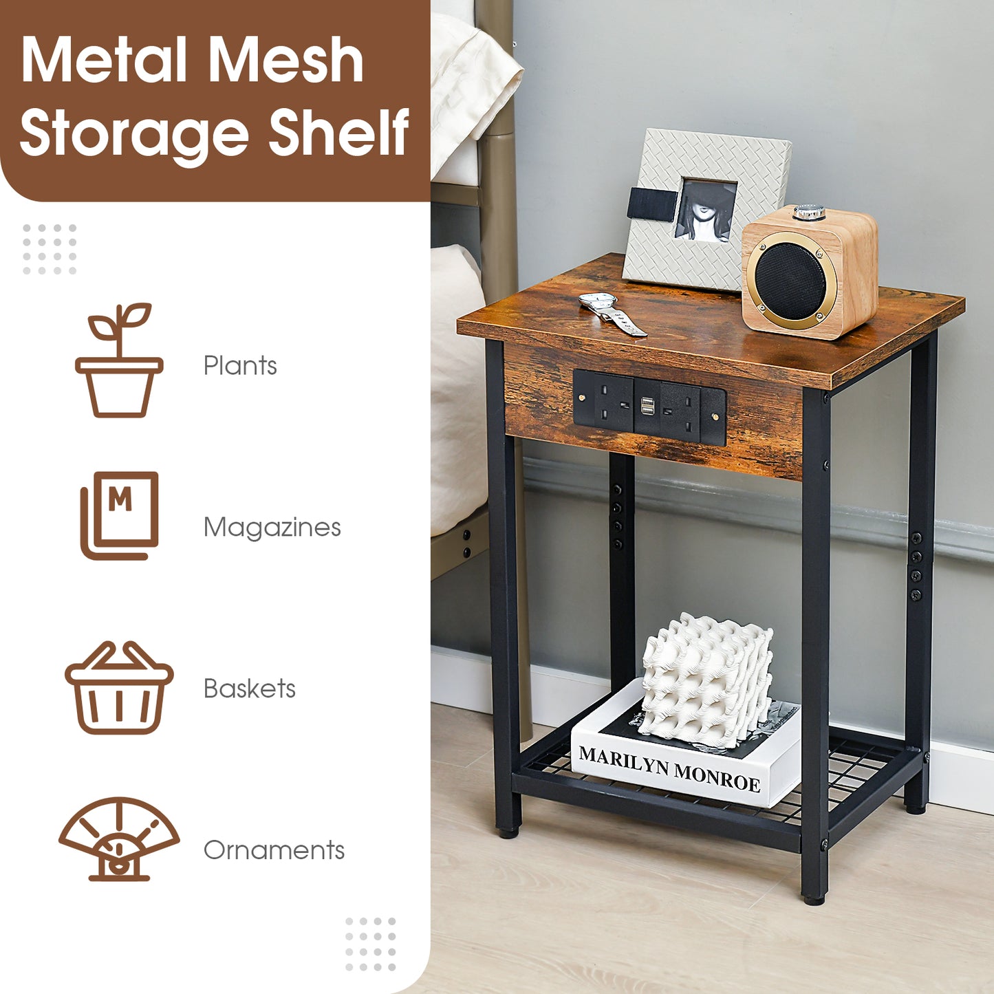 Nightstand Set of 2 with Charging Station and Open Shelf