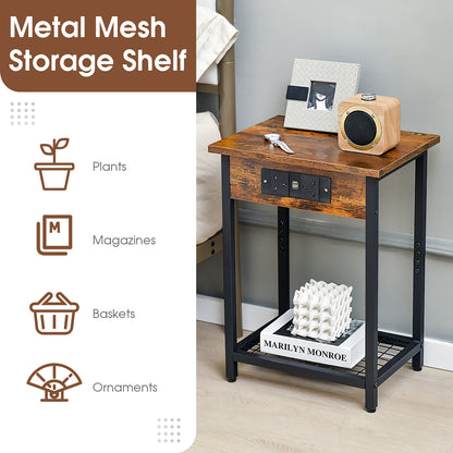 Nightstand Set of 2 with Charging Station and Open Shelf