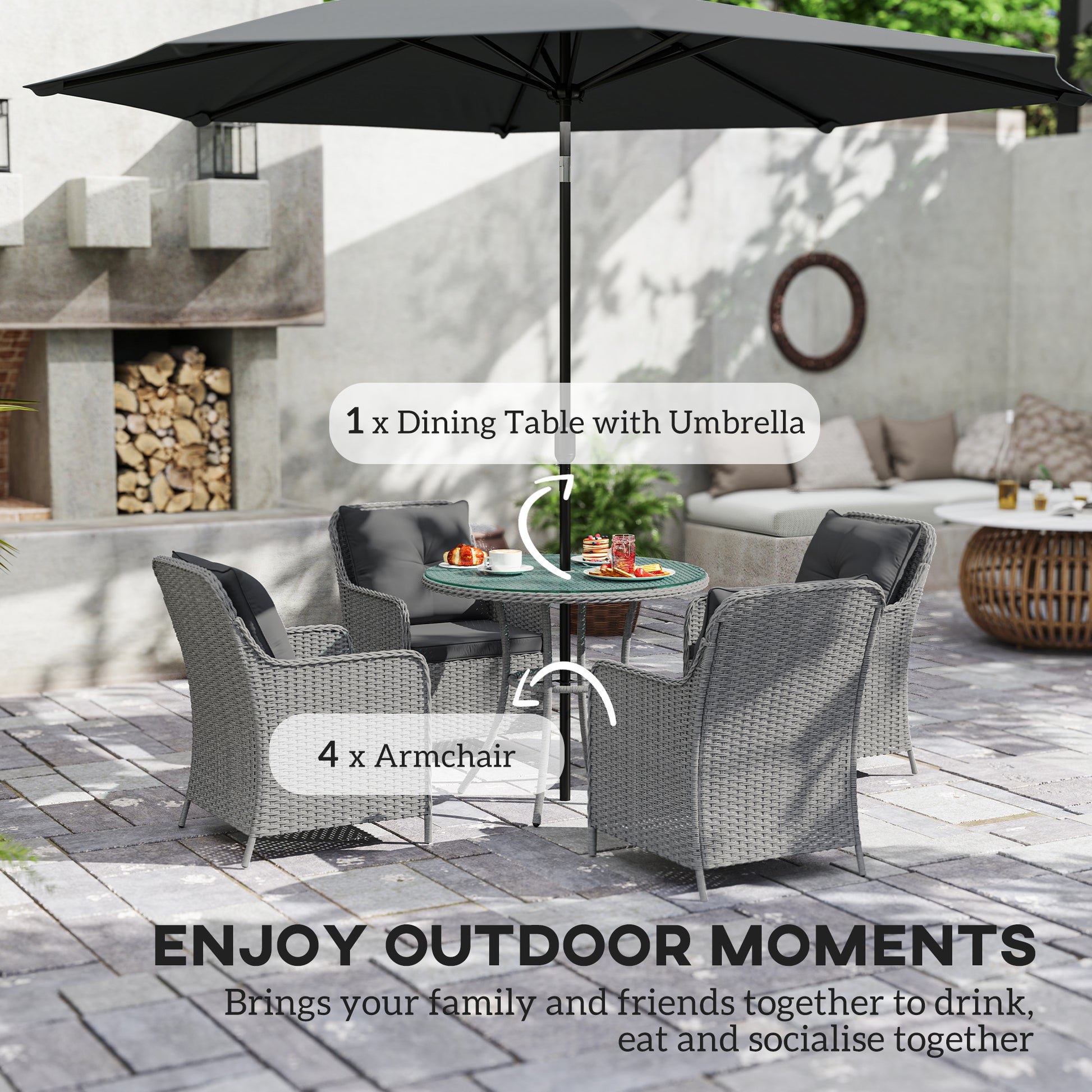 Outsunny 4 Seater Rattan Dining Set with Parasol & Cushions - Light Grey