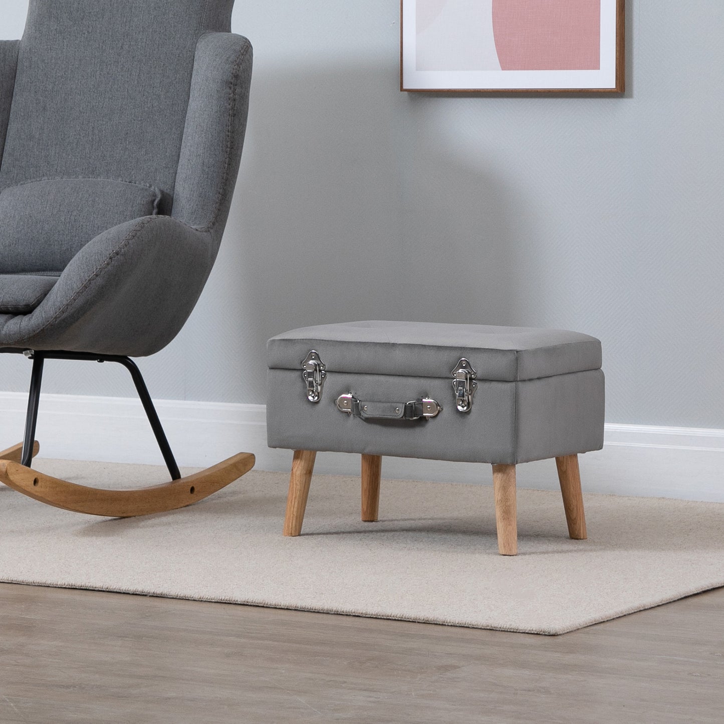 HOMCOM Faux Velvet Upholstered Ottoman Trunk w/ Wooden Legs Grey